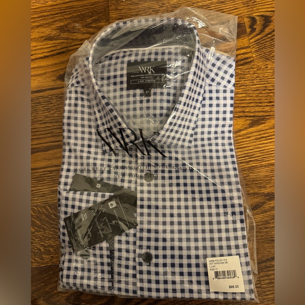 WRK Dot Gingham Dress Shirt – Lilac/Blue – Size 17 – Brand New